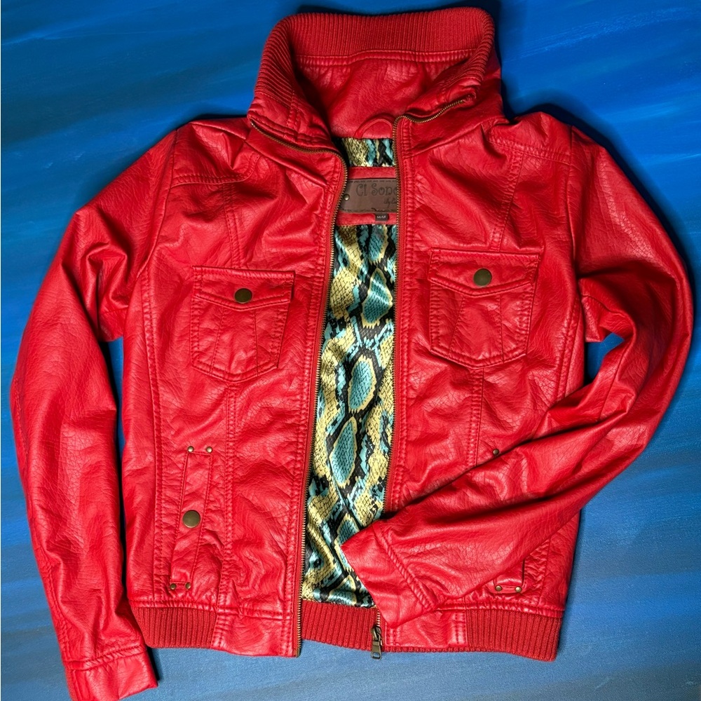 Red Bomber Jacket with Snake-Print Lining - Women